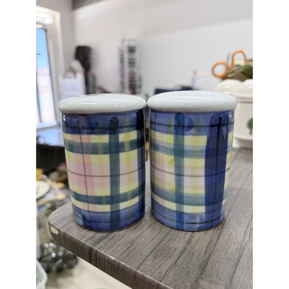 Vintage Pier 1 Imports Plaid Salt And Pepper Shakers